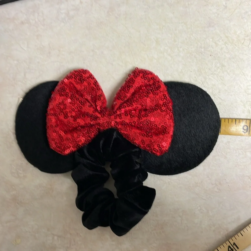 Minnie Mouse Ears Hair Tie Black Velvet Scrunchy with Sequined Red Bow